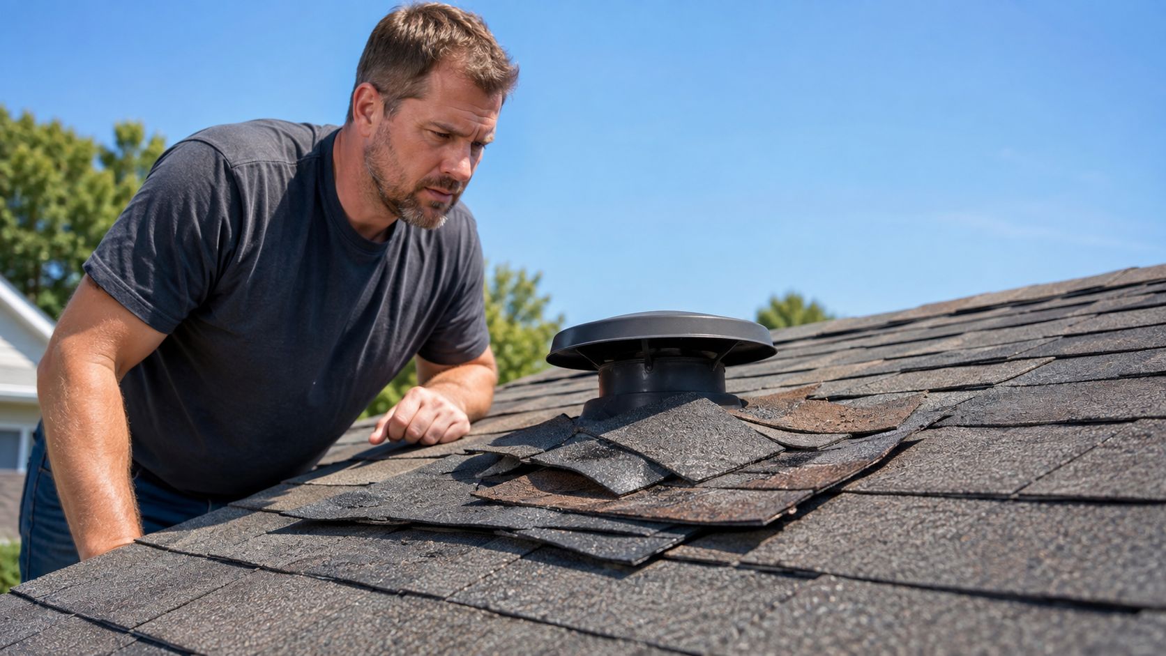 A man inspecting a dark shingle-over roof vent installation on a residential house during a sunny day.