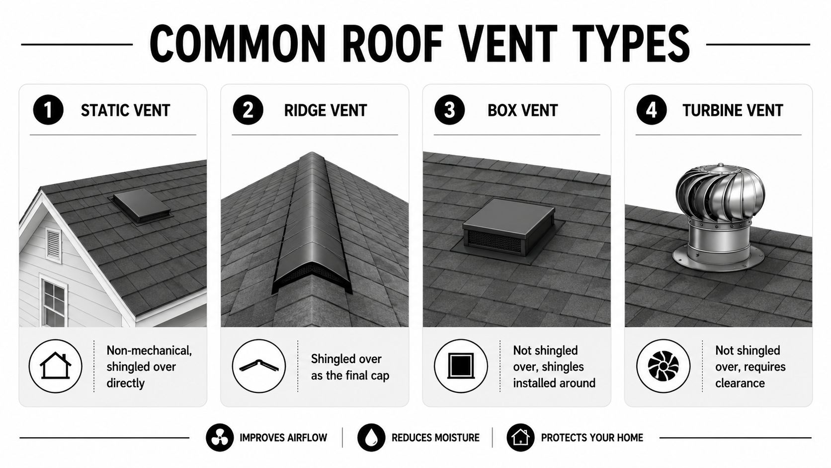 A diagram illustrating four common types of roof ventilation, including static, ridge, box, and turbine roof vents.