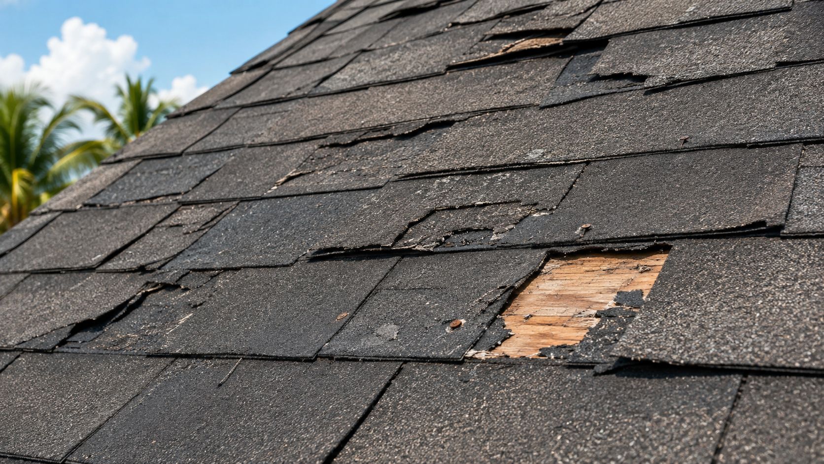Damaged asphalt roof shingles with missing pieces exposing the wood decking beneath on a sunny day.