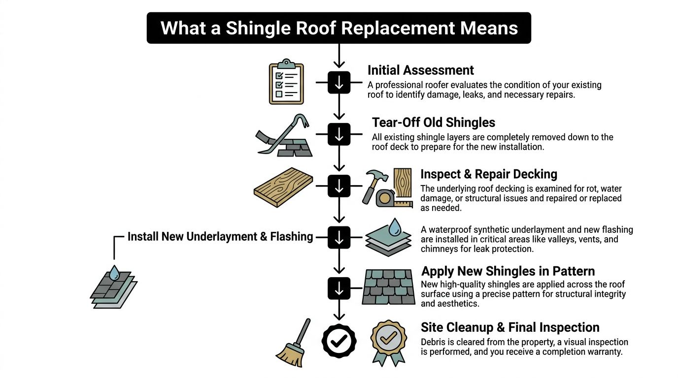 A step-by-step infographic illustrating the professional process of a complete shingle roof replacement from assessment to cleanup.
