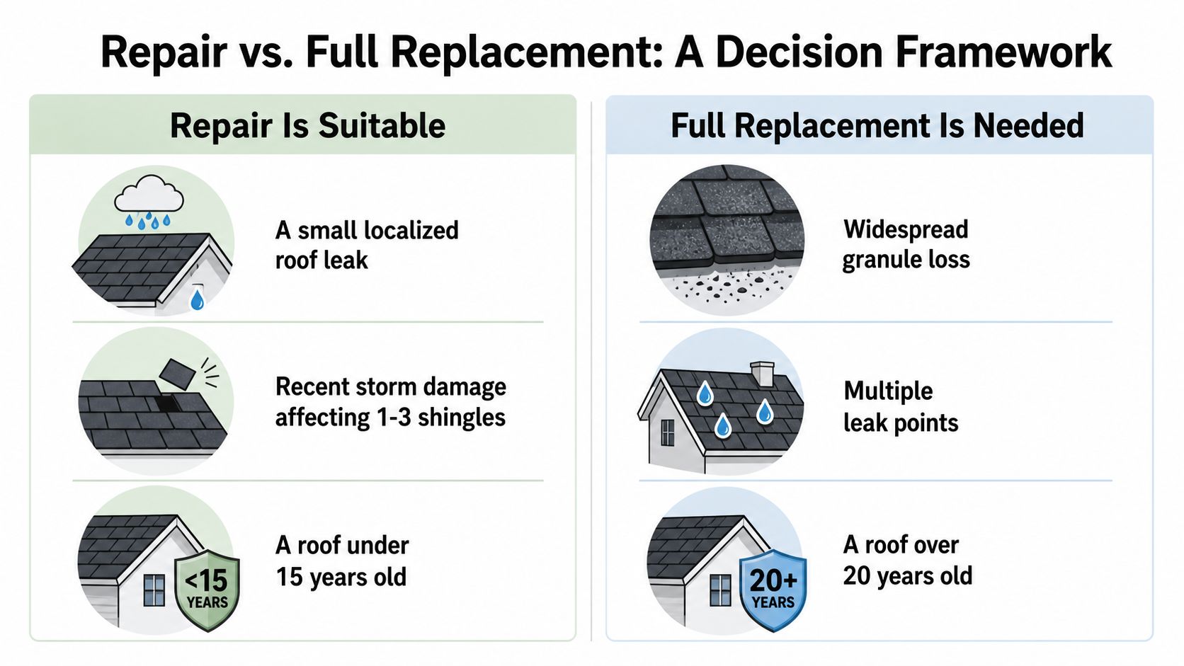 A decision framework chart comparing conditions for repairing versus replacing a shingle residential roof.