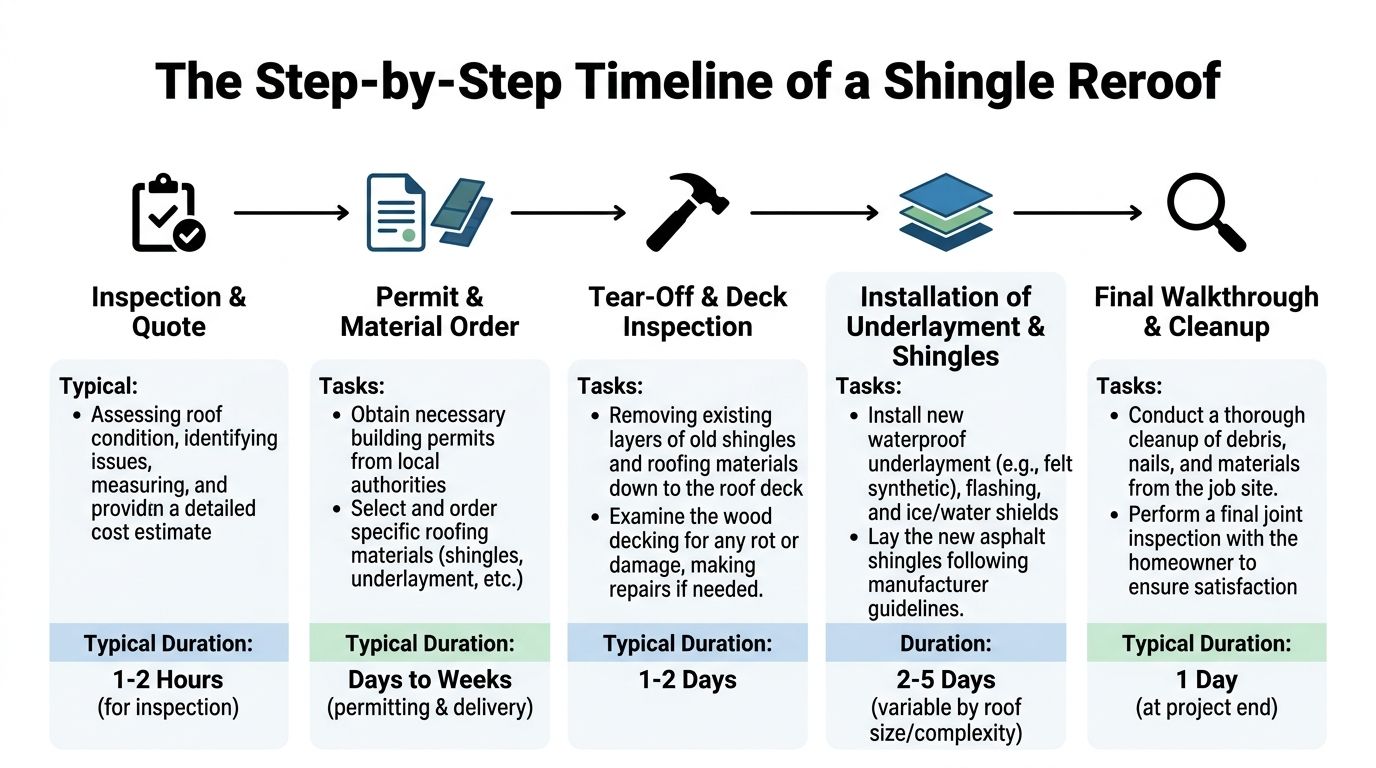 A step-by-step infographic showing the timeline and process for a professional shingle roof replacement project.