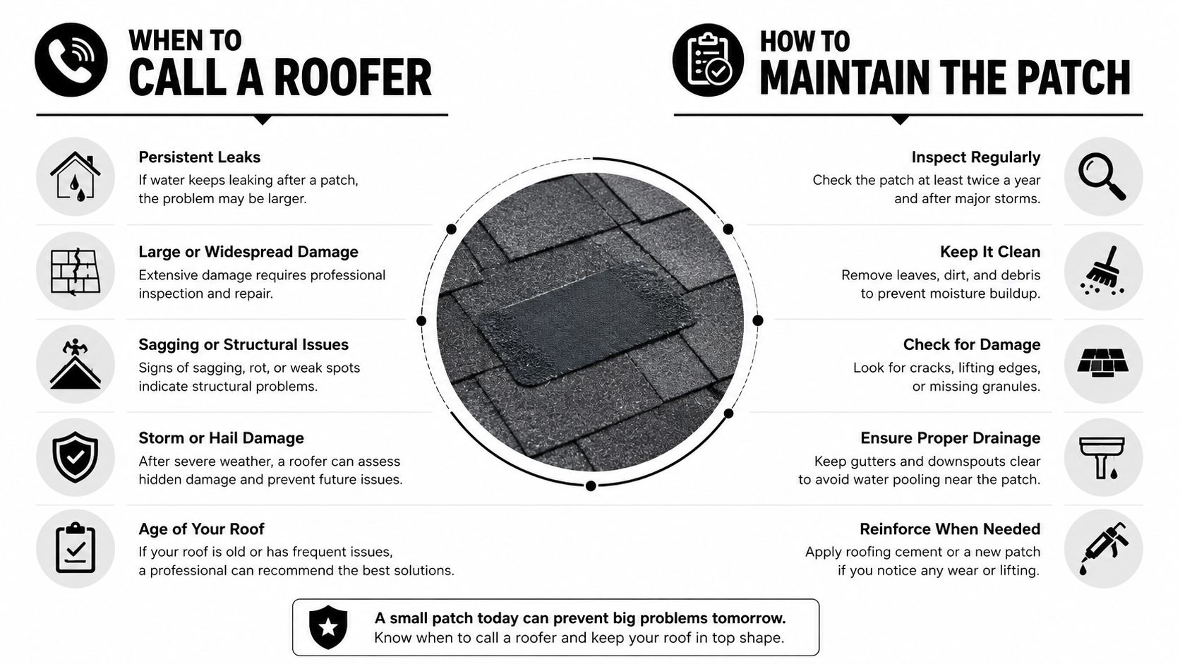 An infographic detailing when to call a roofer and how to maintain roof patches for homeowners.