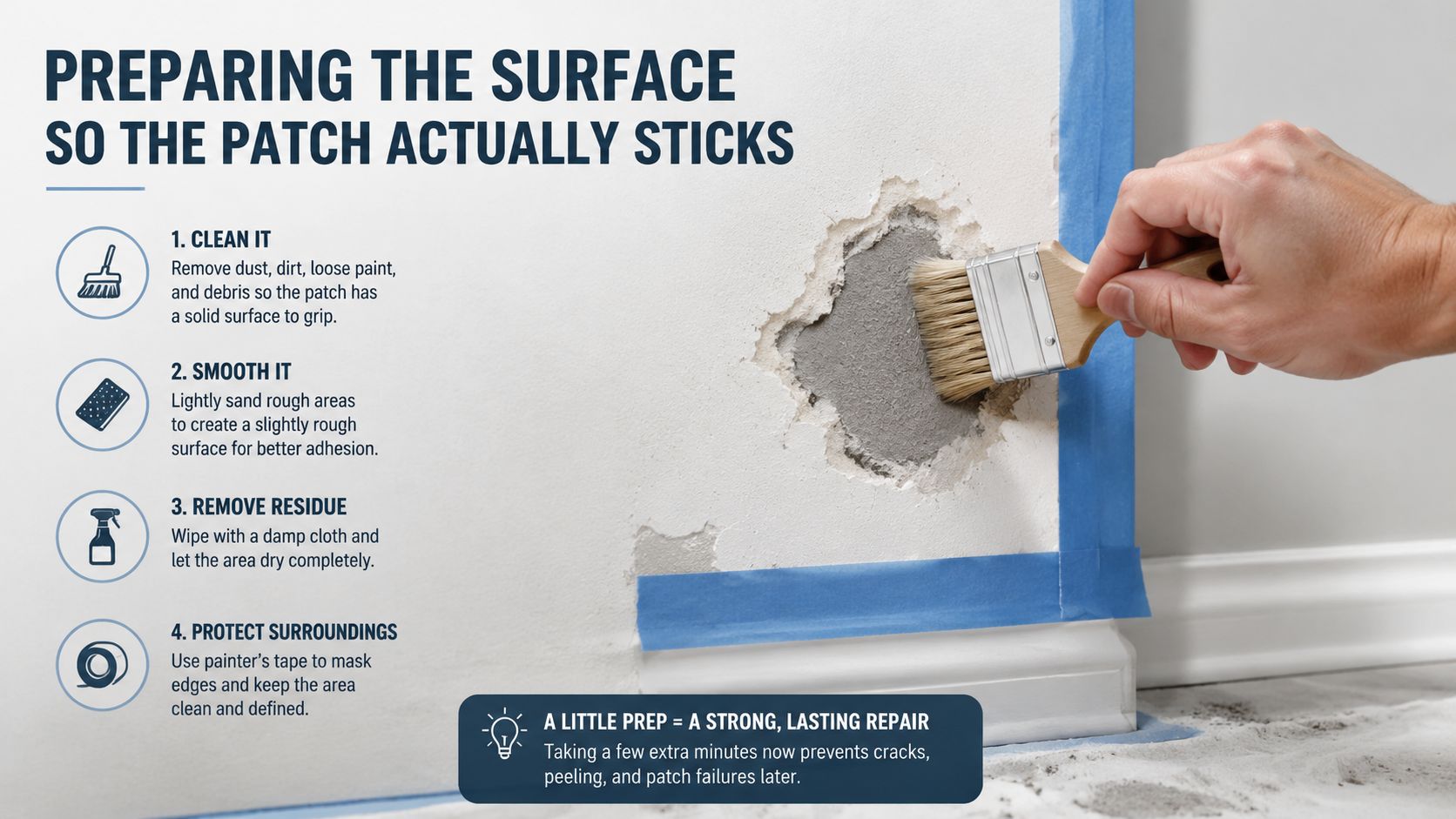 A hand using a paintbrush to clean a damaged section of a drywall wall before patching.