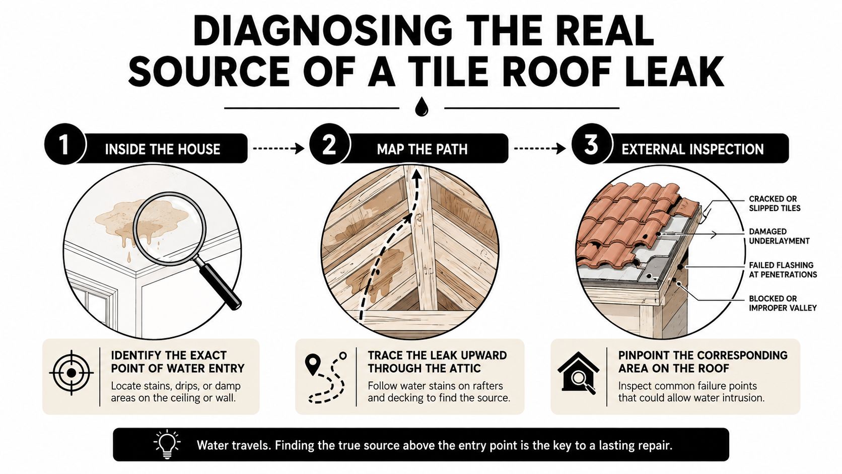 A three-step infographic explaining how to identify and diagnose the source of a tile roof leak.