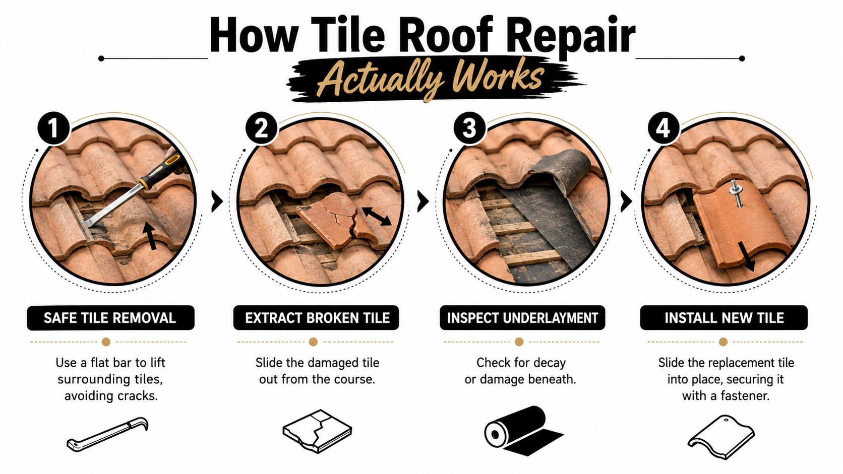 An instructional graphic showing four steps for repairing a tile roof, including removing, extracting, inspecting, and installing tiles.