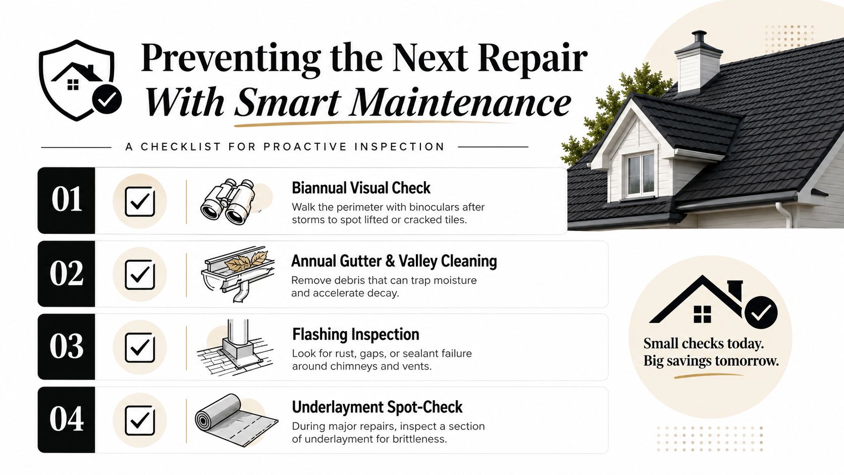 A maintenance checklist infographic for tile roofs suggesting biannual inspections and regular cleaning to prevent damage.