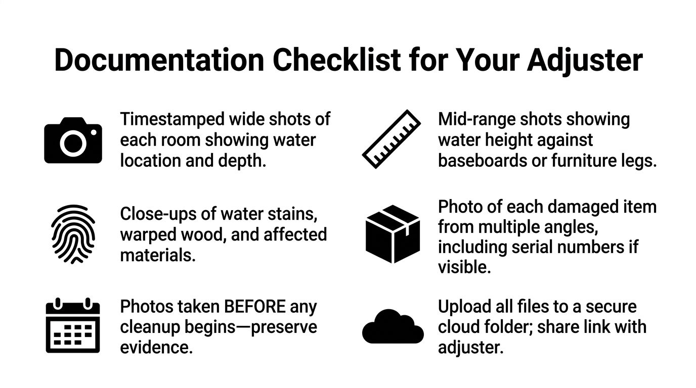 A checklist infographic advising homeowners on essential photo documentation steps to provide insurance adjusters after water damage.