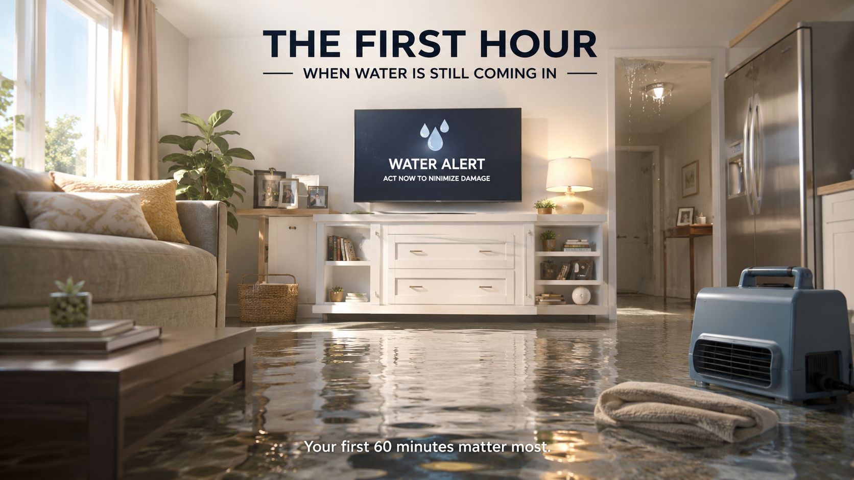 A living room flooded with water with a TV displaying a water alert and restoration equipment visible.