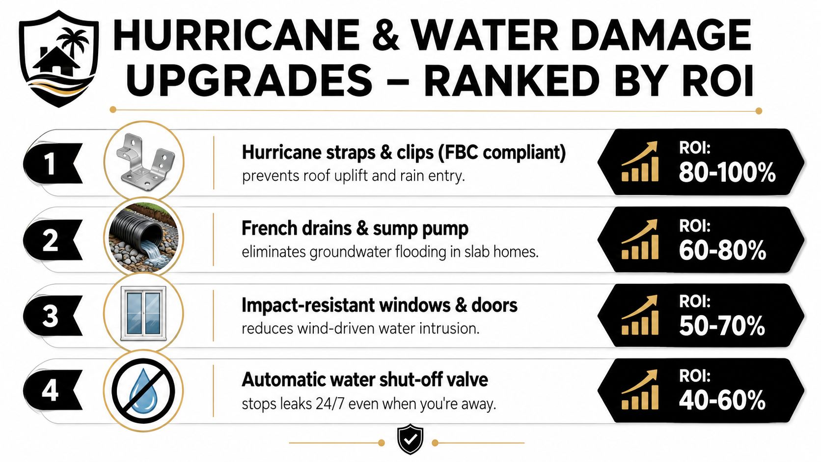 A ranking chart showing four home upgrades to prevent hurricane and water damage with their ROI percentages.