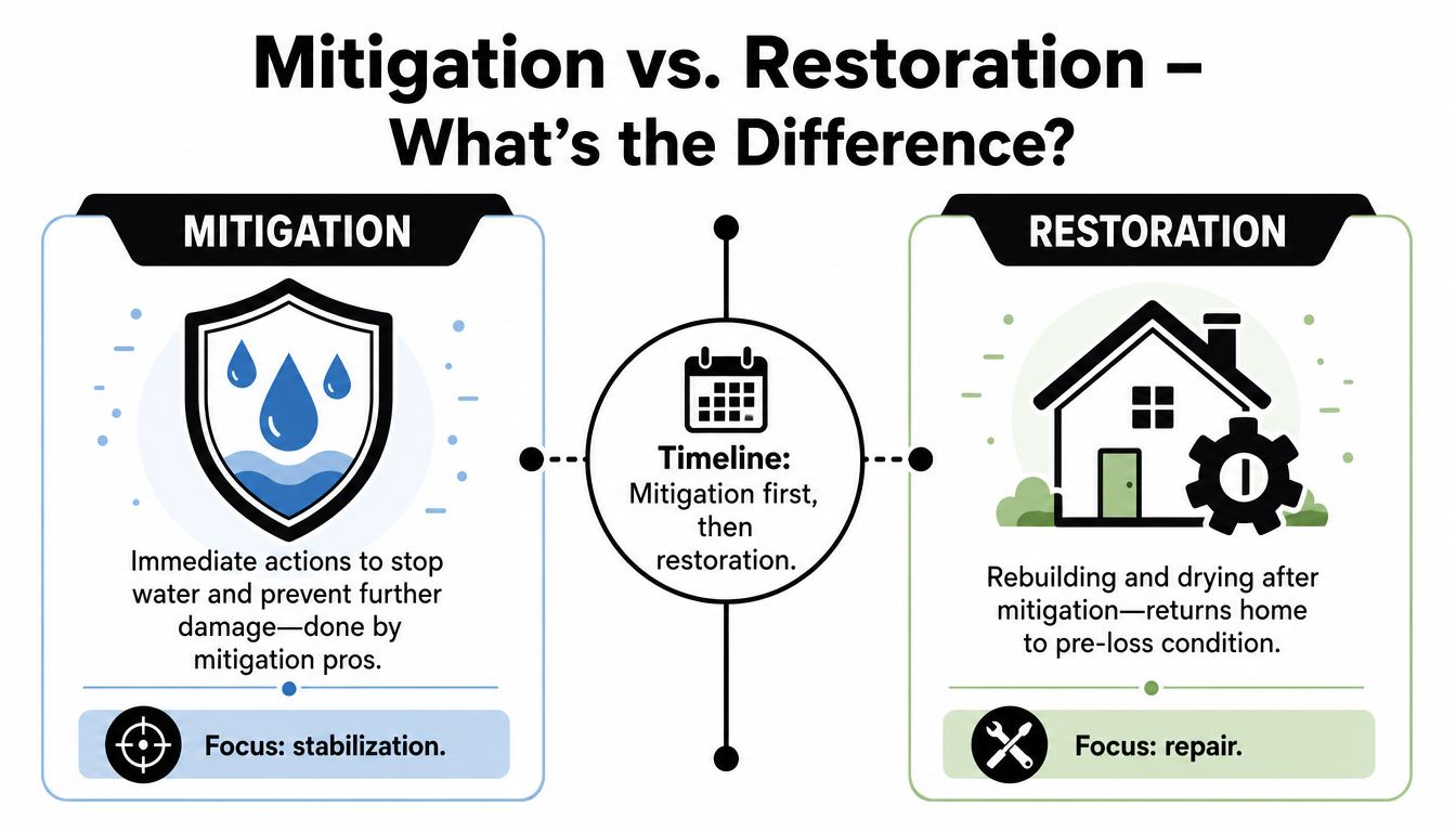 An infographic comparing the differences between water damage mitigation and restoration processes using simple icons and text.