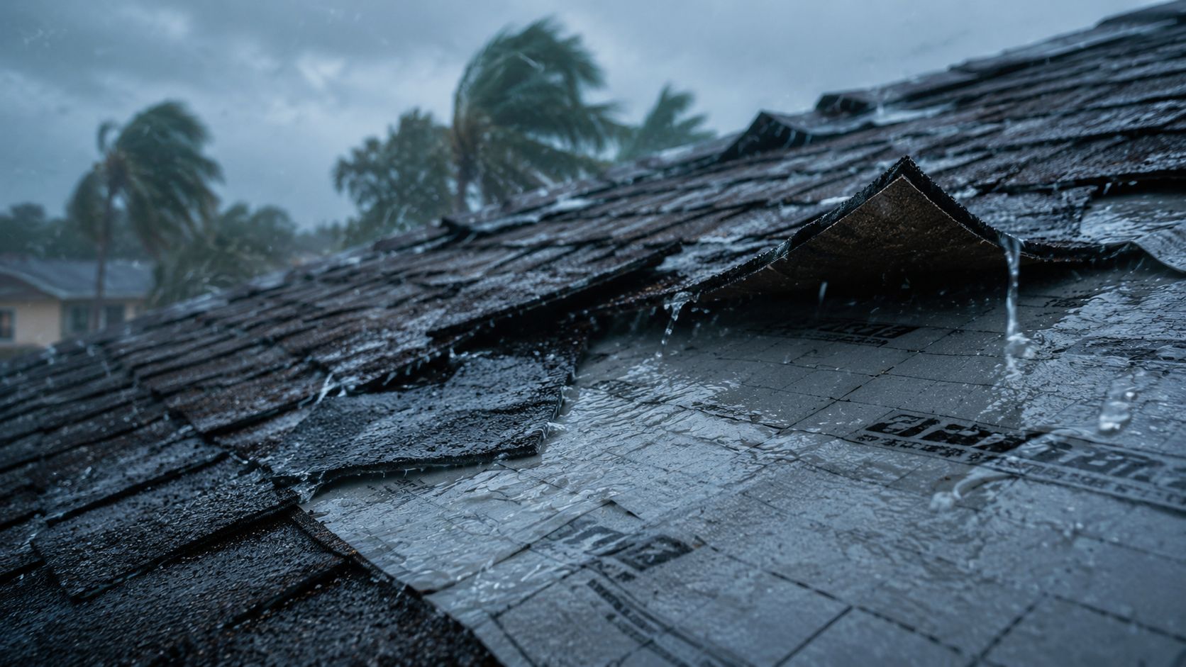 A damaged shingle roof during a storm, showing exposed gray underlayment with water dripping down.