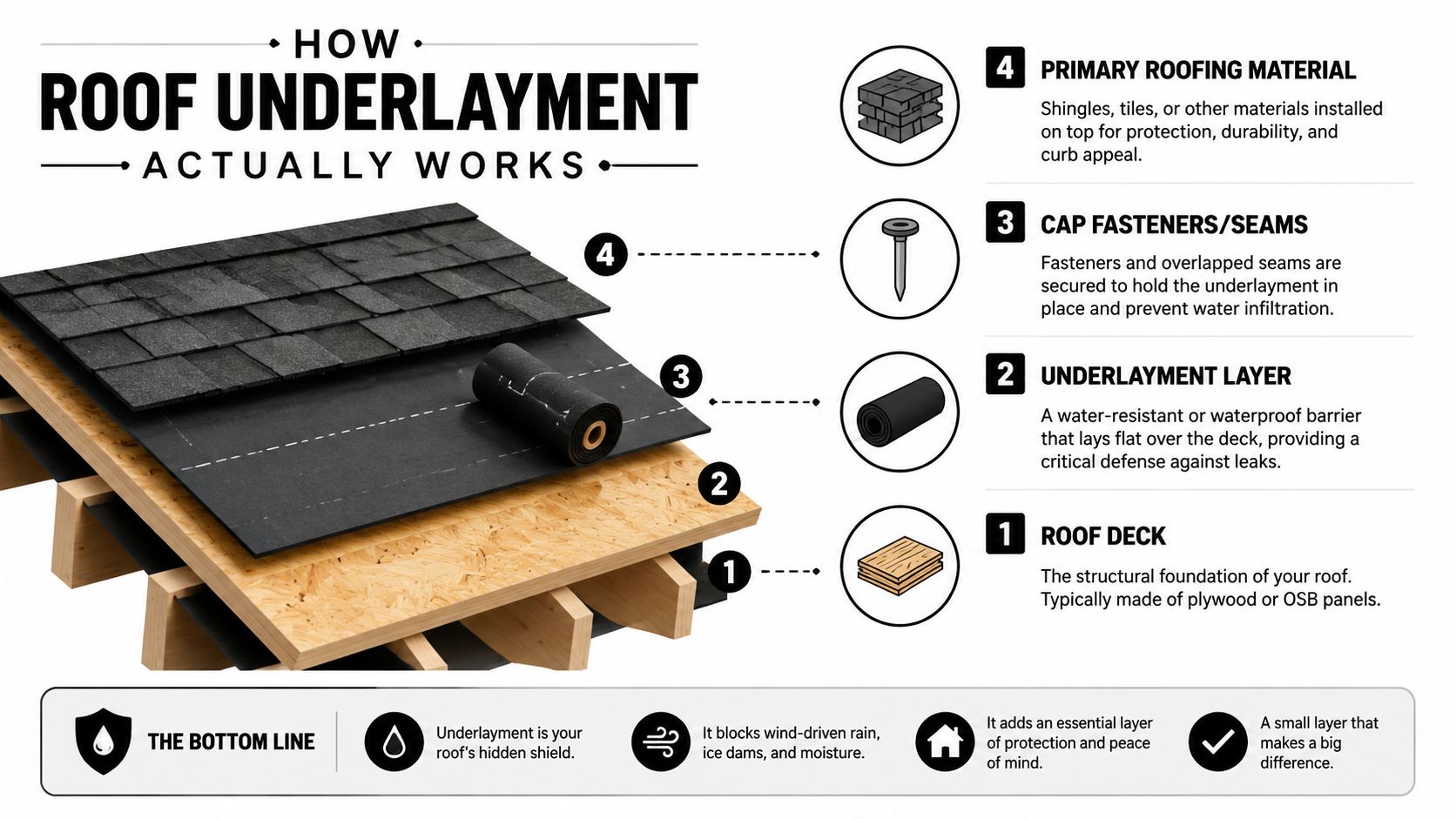 A technical diagram illustrating the four layers of roof construction, highlighting the protective role of roof underlayment.