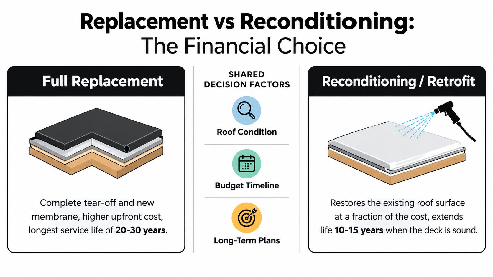 A comparison infographic between full commercial roof replacement and roof reconditioning, outlining benefits and decision factors.