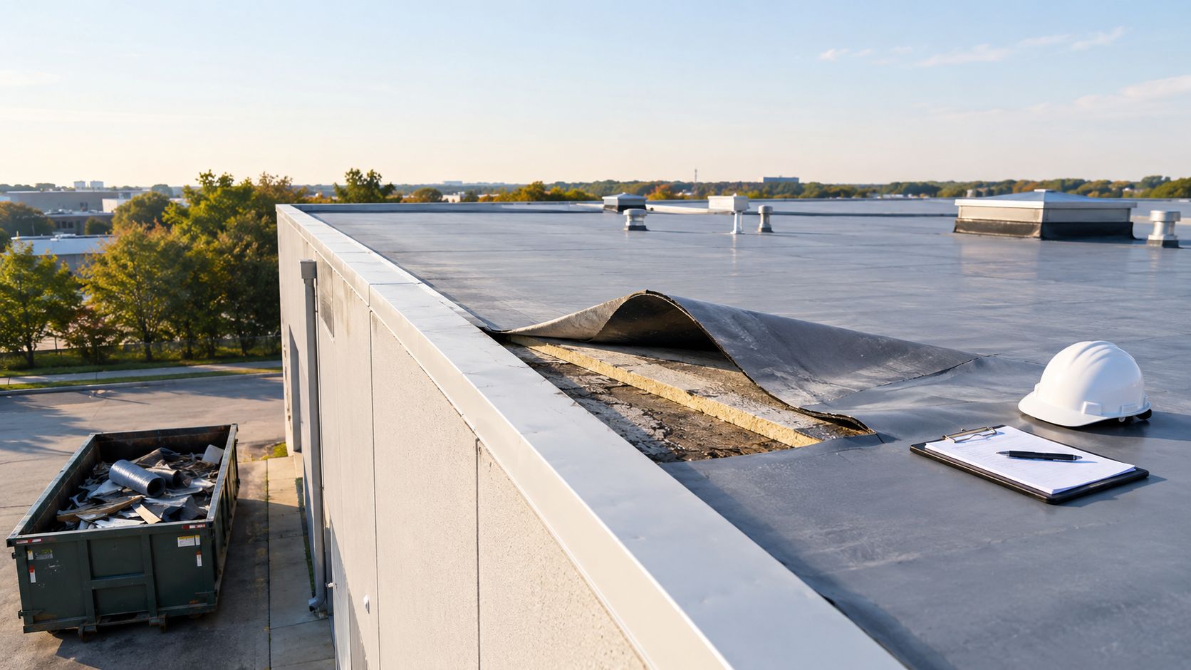 A professional inspector's helmet and clipboard sit on a damaged commercial flat roof undergoing repair work.