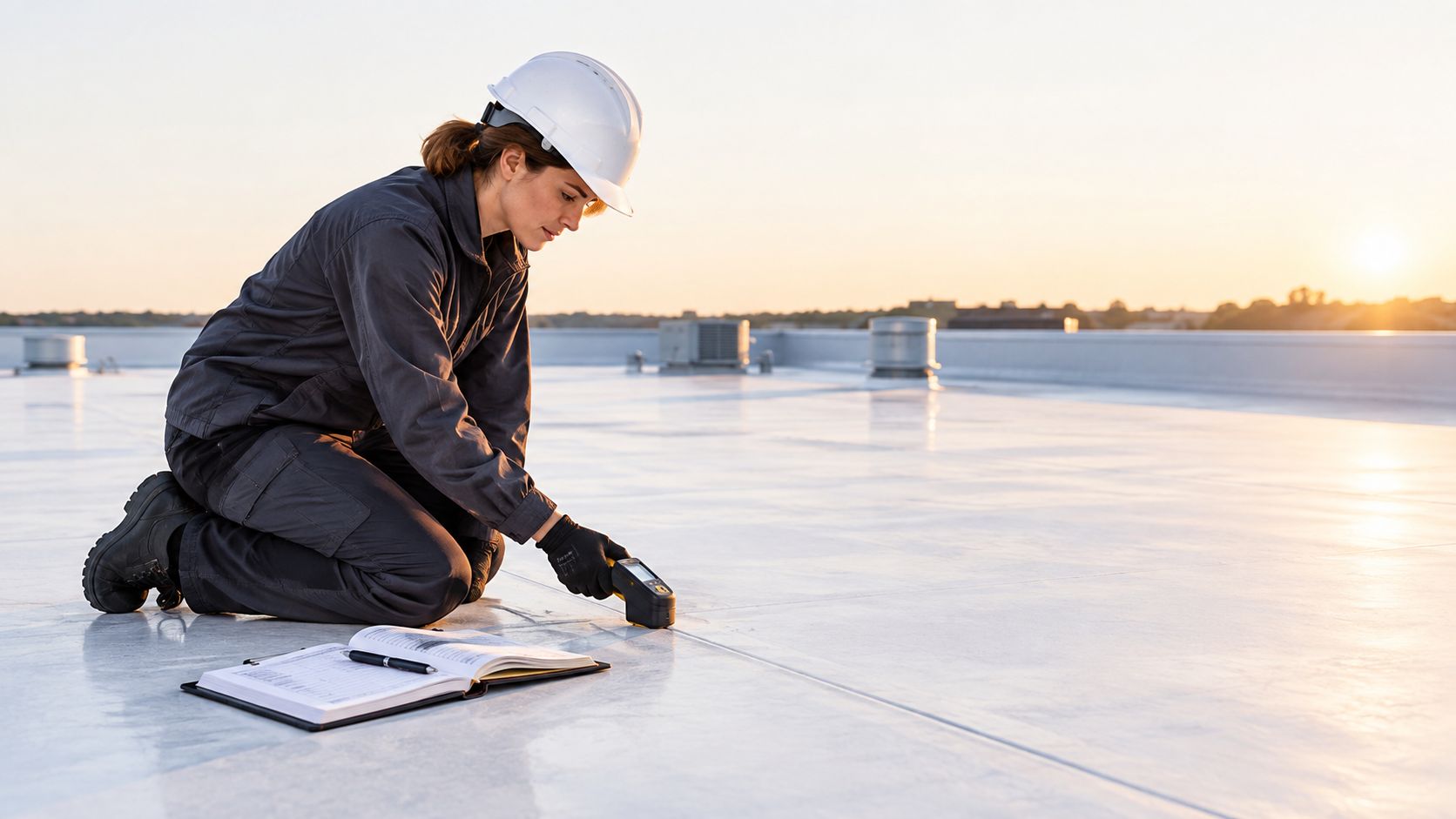 A female roof inspector wearing a hard hat uses a thermal scanner on a flat roof.