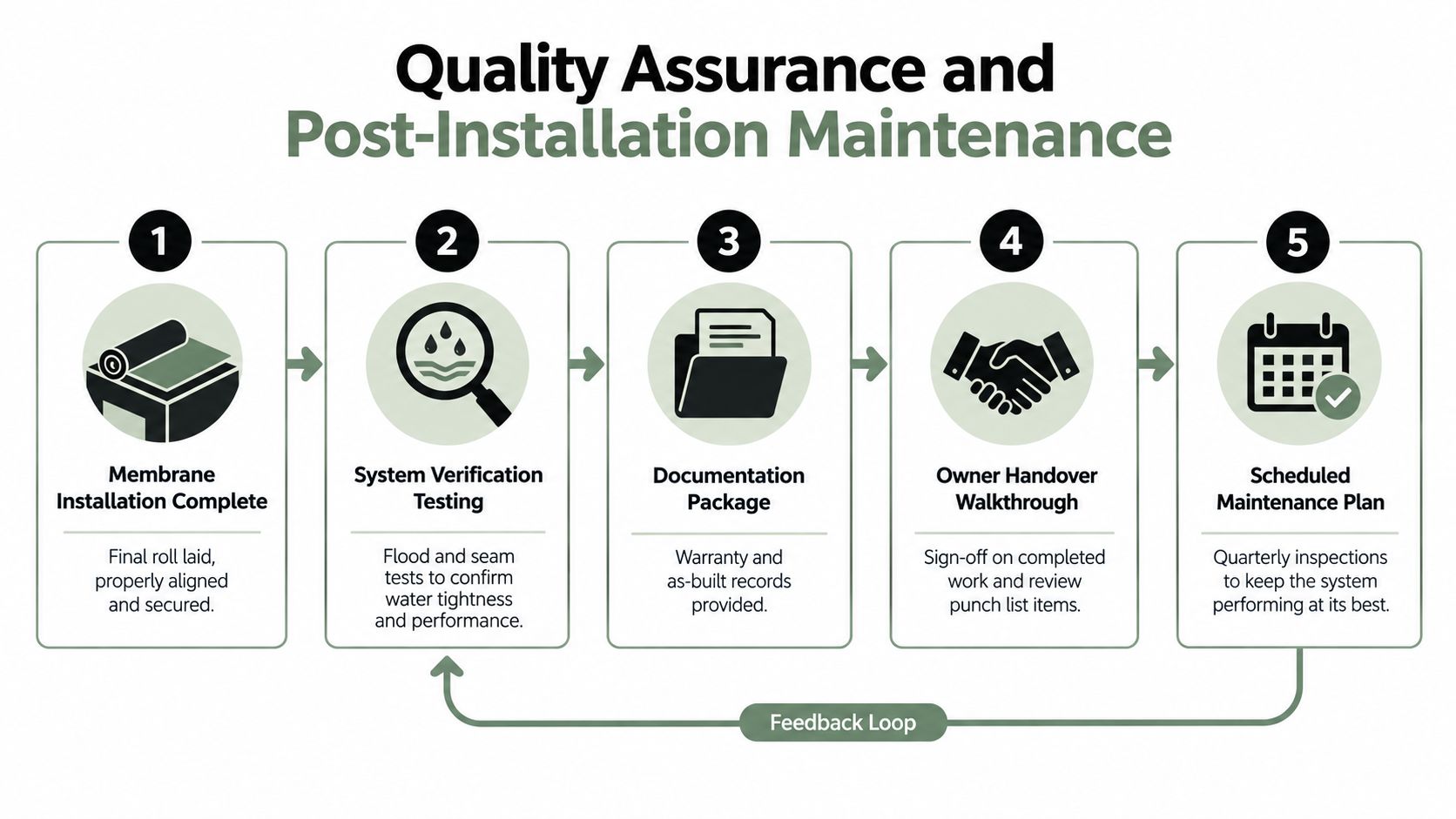A five-step diagram showing the quality assurance and maintenance process for commercial roofing installation projects.