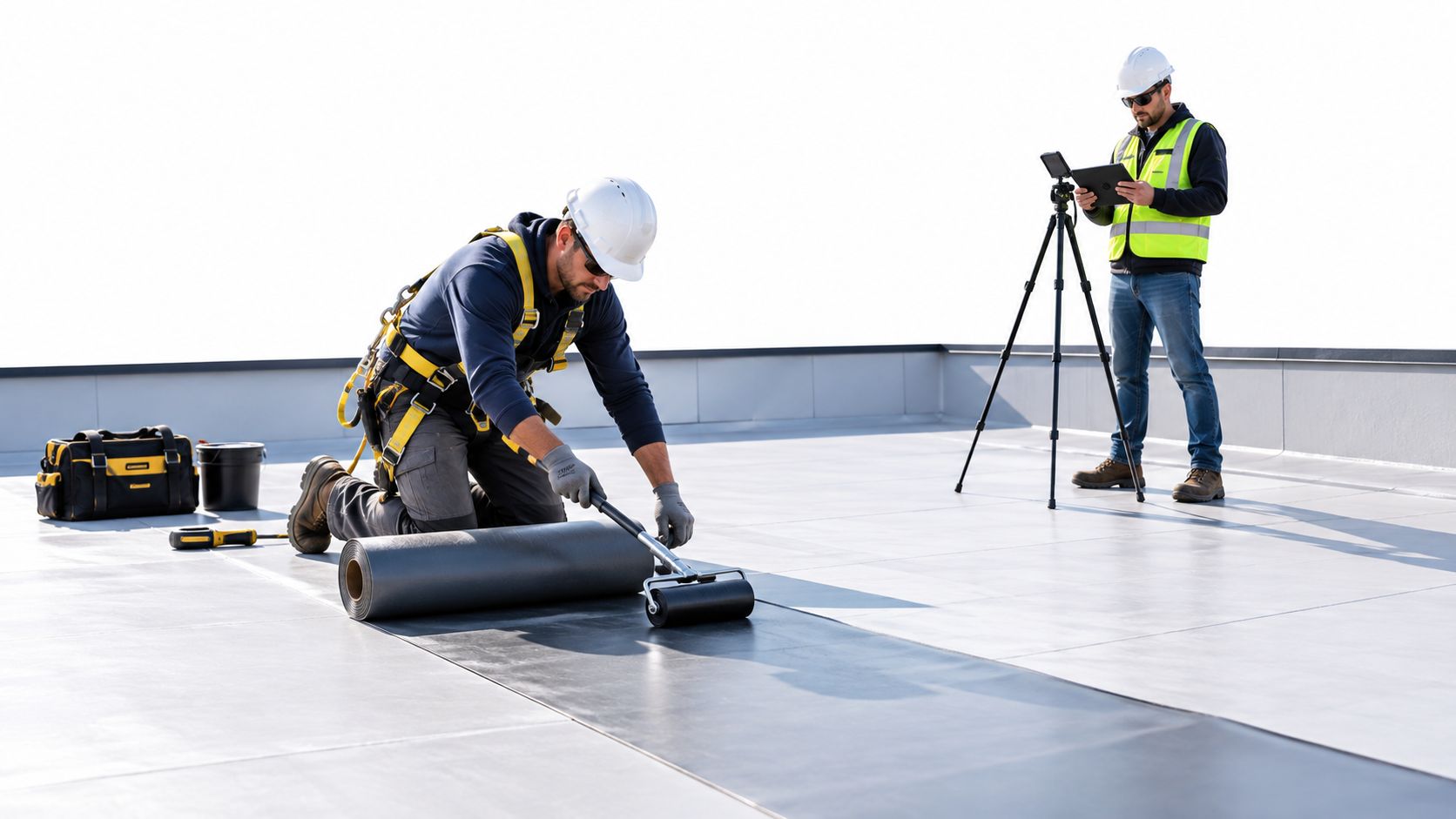 A professional construction worker uses a roller to install black roofing material while a colleague monitors progress.