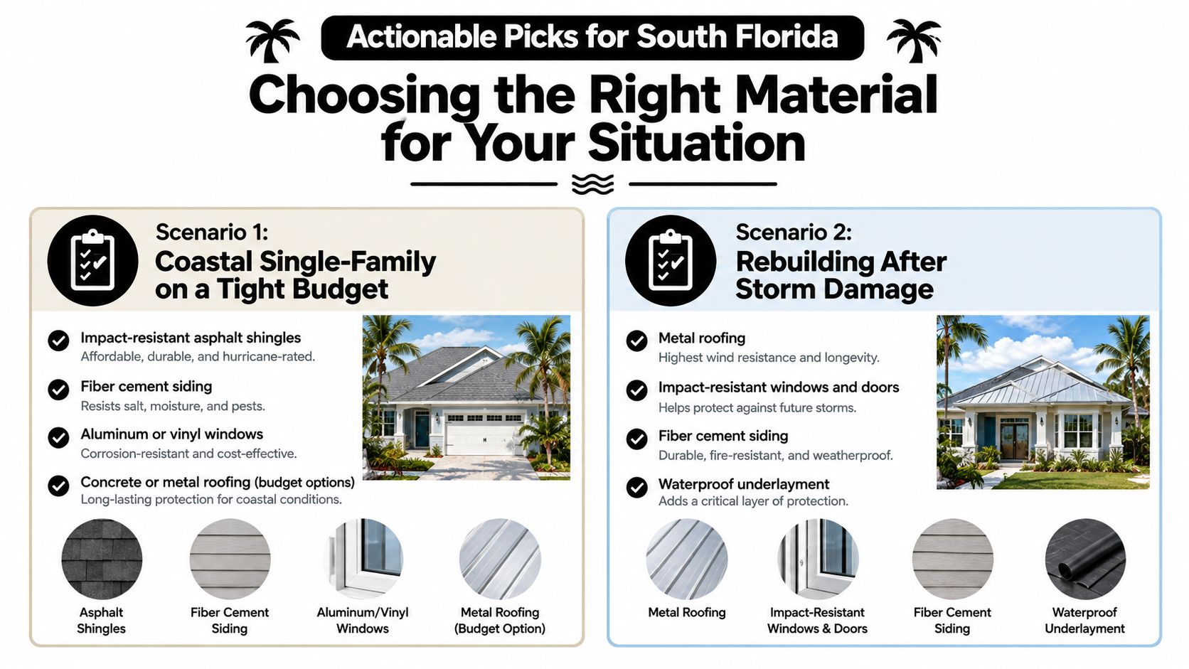 An infographic comparing recommended building materials for South Florida homes based on specific storm scenarios.