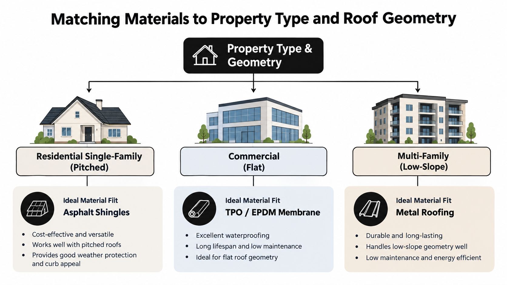 An infographic showing which roofing materials, like asphalt, TPO, or metal, are best for different property types.