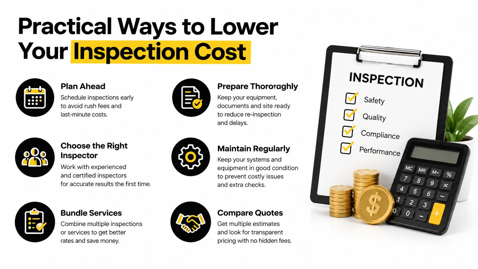 A professional infographic titled Practical Ways to Lower Your Inspection Cost with six key tips and checklist.
