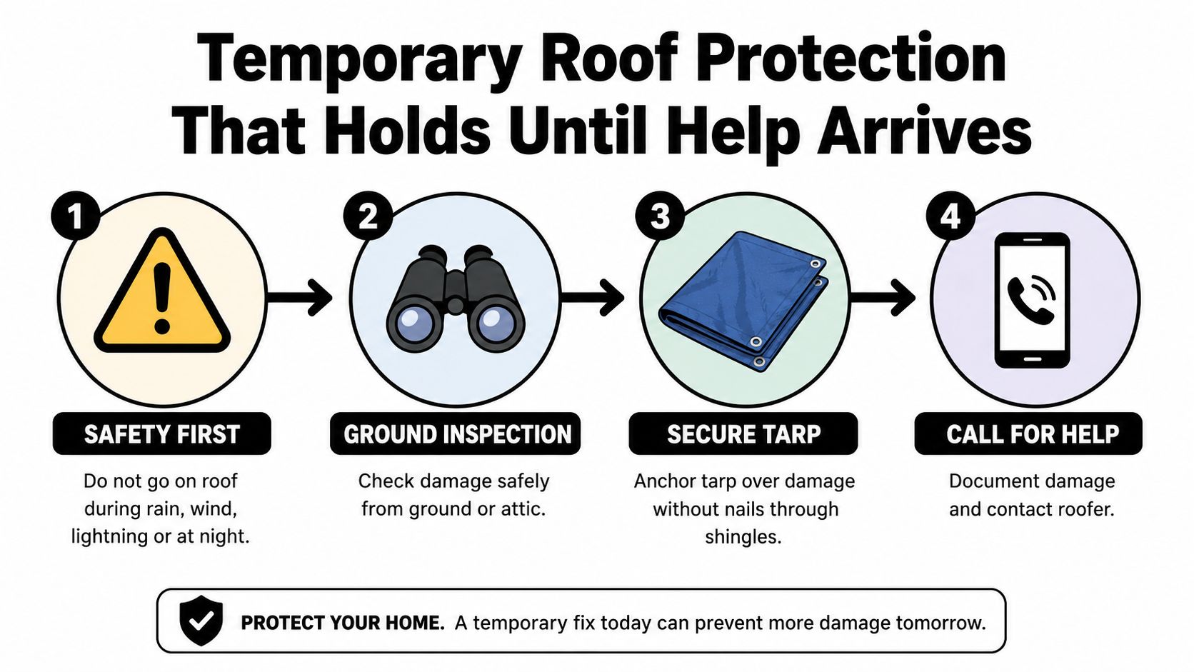A four-step infographic illustrating temporary roof protection safety and repair procedures for homeowners dealing with damage.