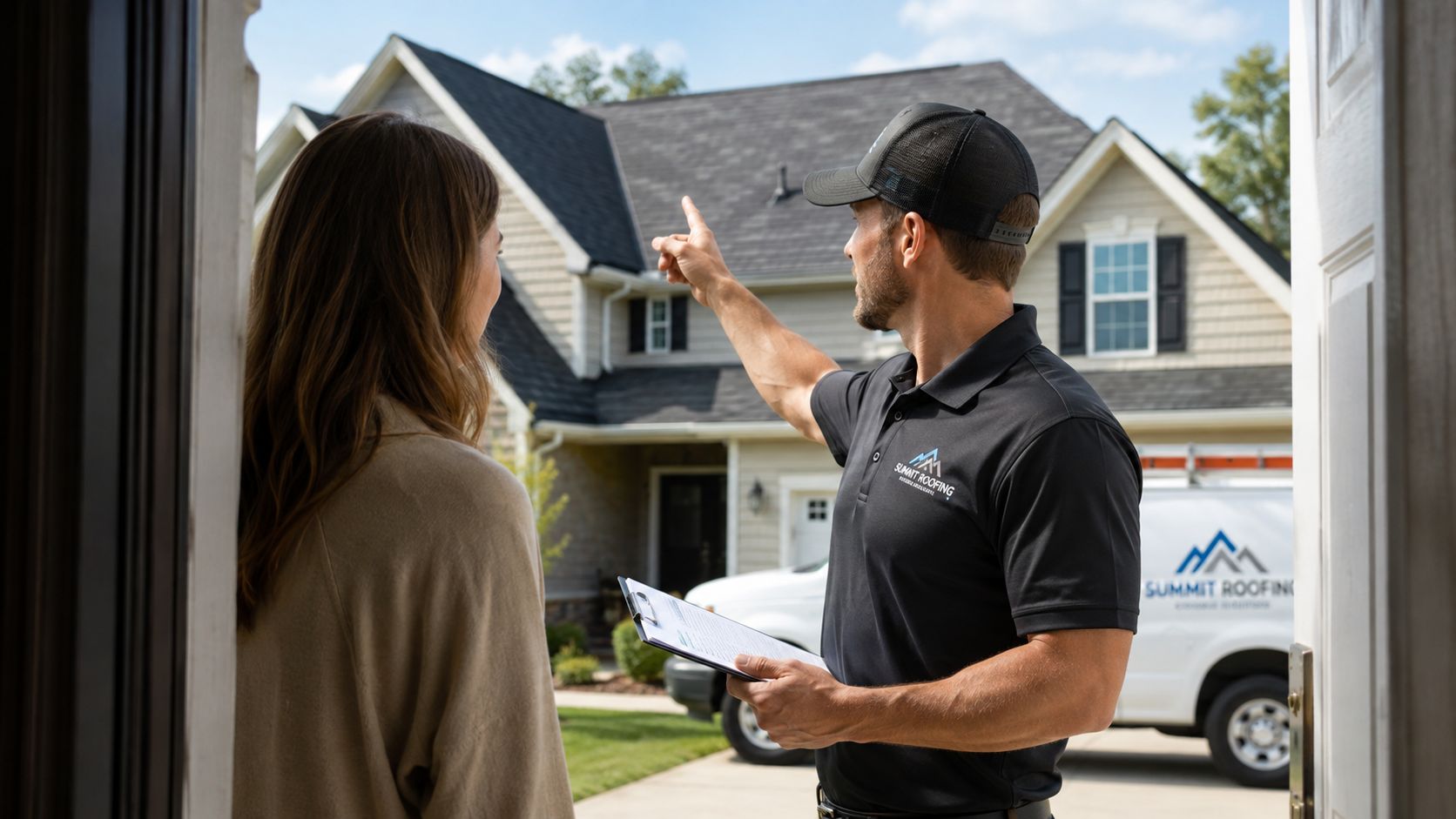 A professional roofing contractor wearing a Summit Roofing shirt pointing out roof damage to a homeowner.