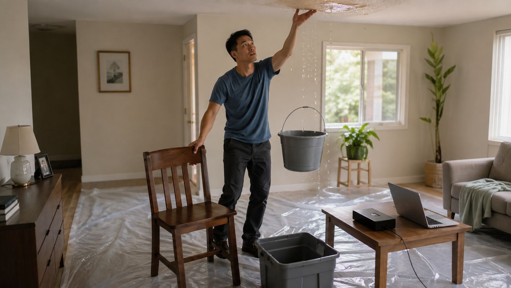 A man in a living room uses a bucket to collect water leaking from the damaged ceiling.