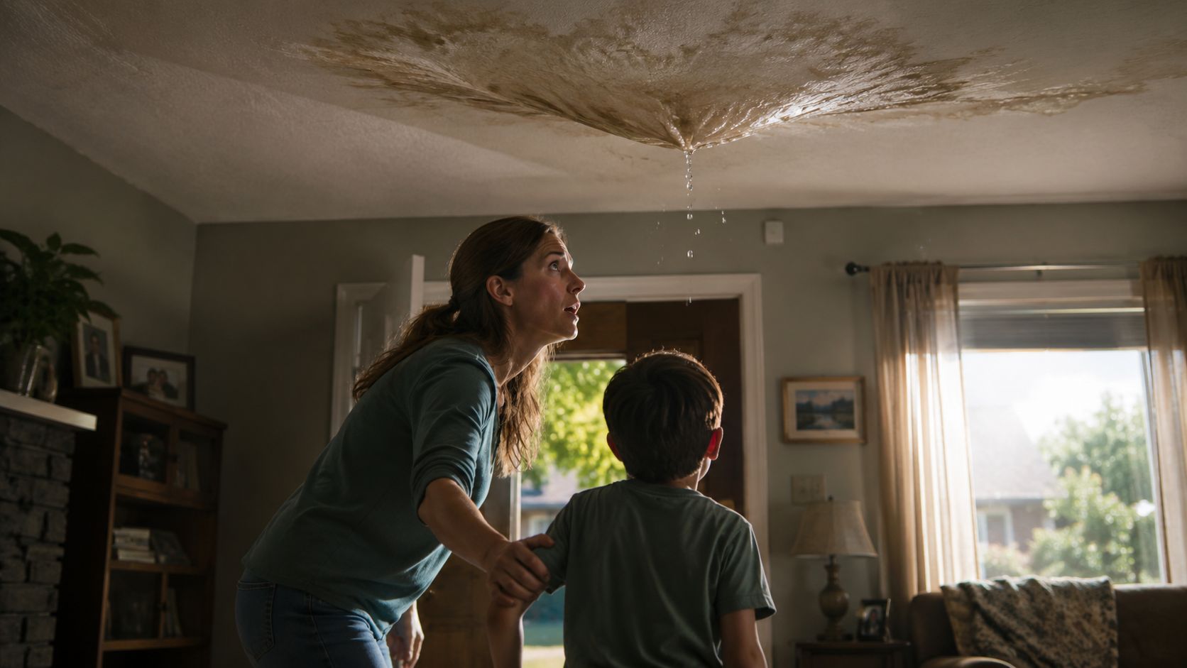 A concerned mother and her young son watch water leaking from a damaged ceiling in their home.