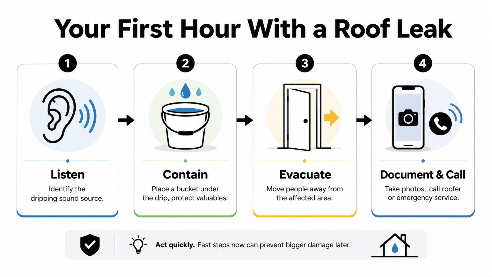 A four-step infographic showing how to handle a roof leak by listening, containing, evacuating, and documenting.