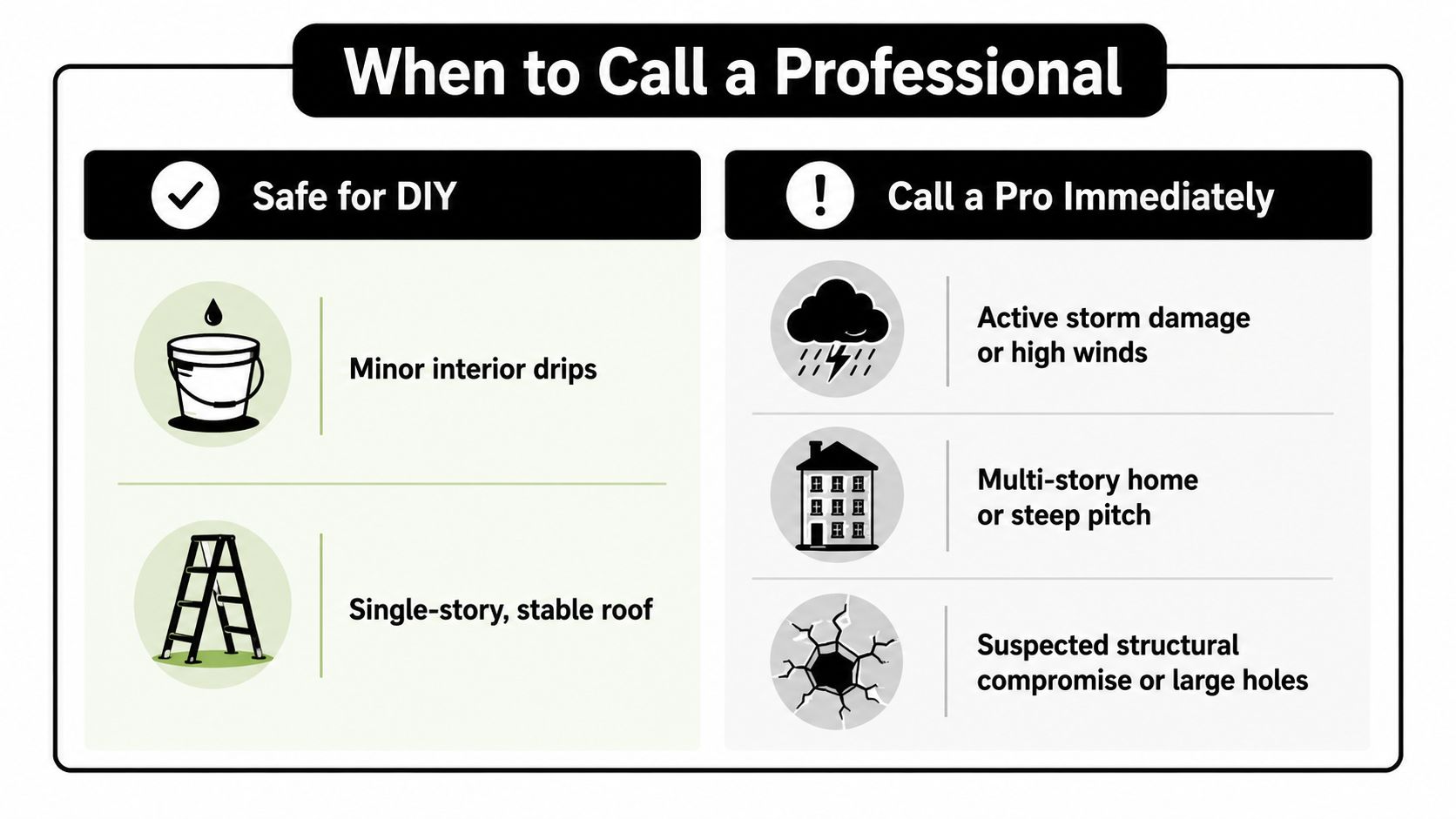 A guide infographic comparing roof maintenance situations suitable for DIY versus when to call a professional.