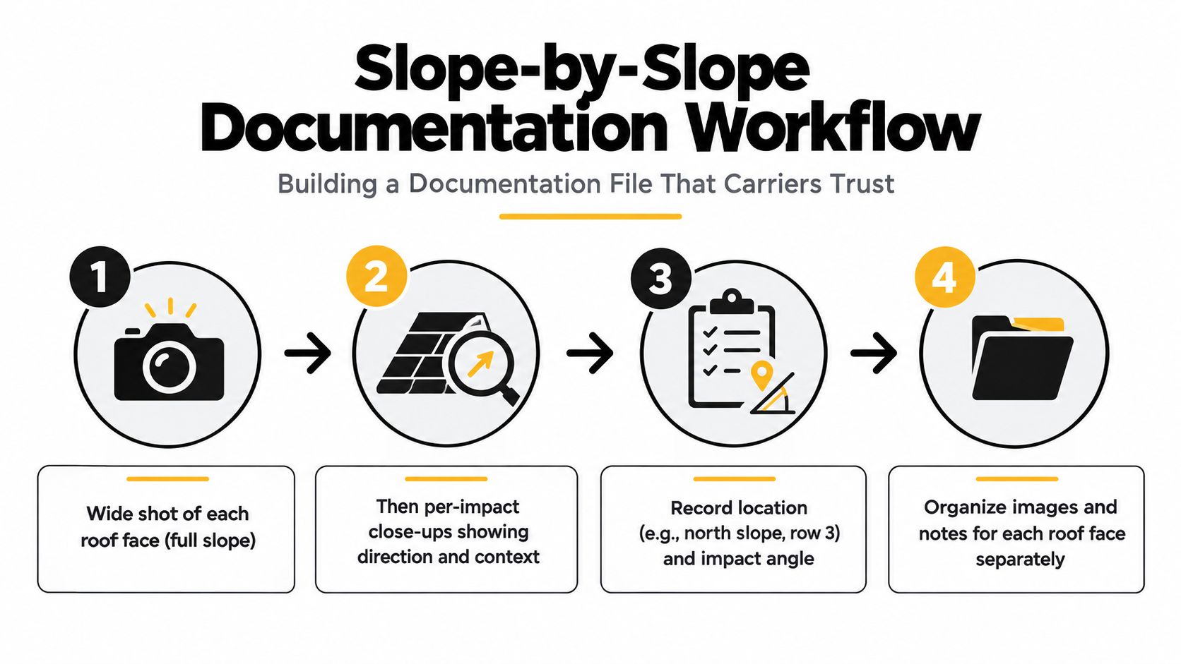 A four-step infographic illustrating a workflow for documenting a hail damaged roof for insurance claims.