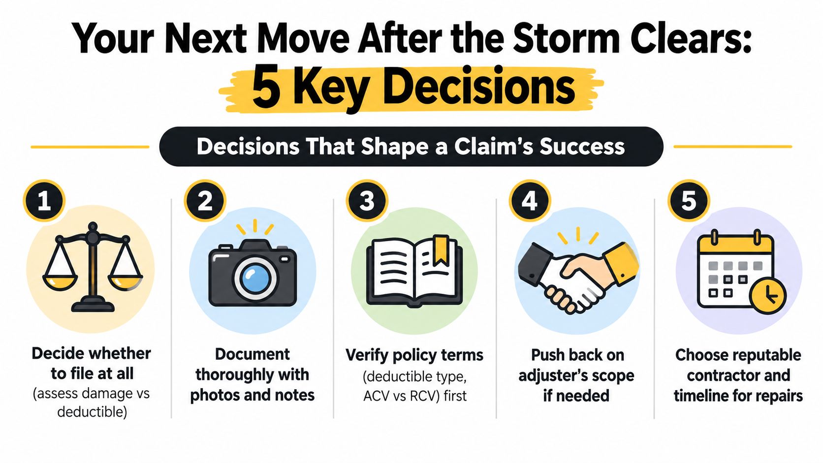 An infographic titled 5 Key Decisions after a storm for managing insurance claims effectively.