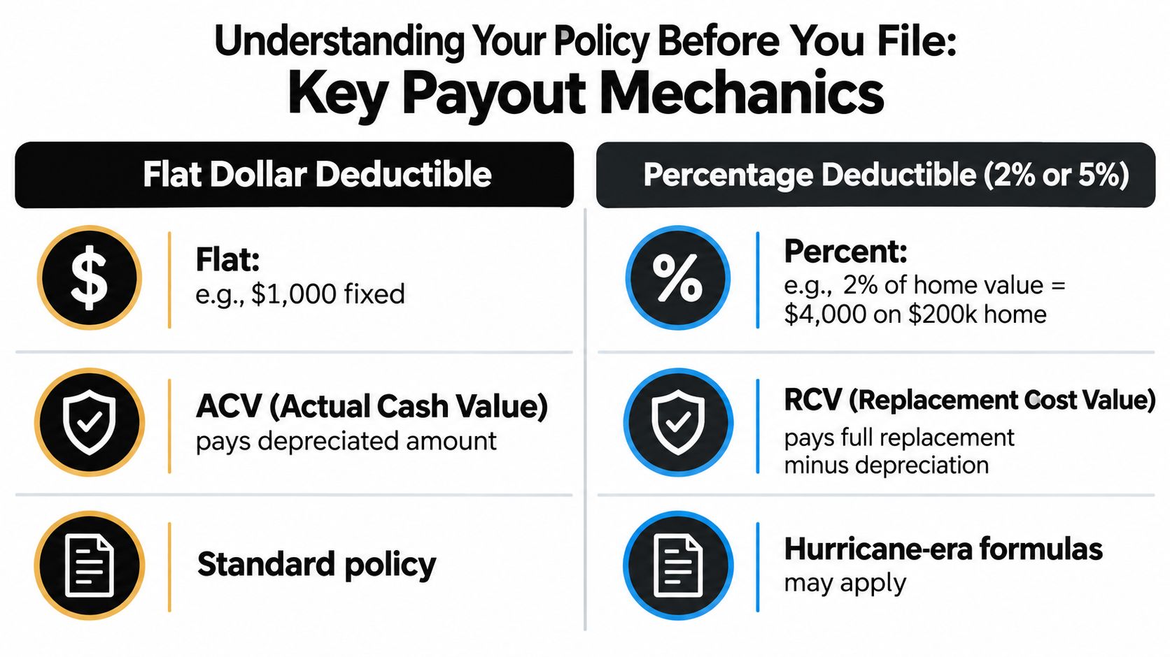 A comparison chart showing differences between Flat Dollar and Percentage insurance deductibles and payout methods.