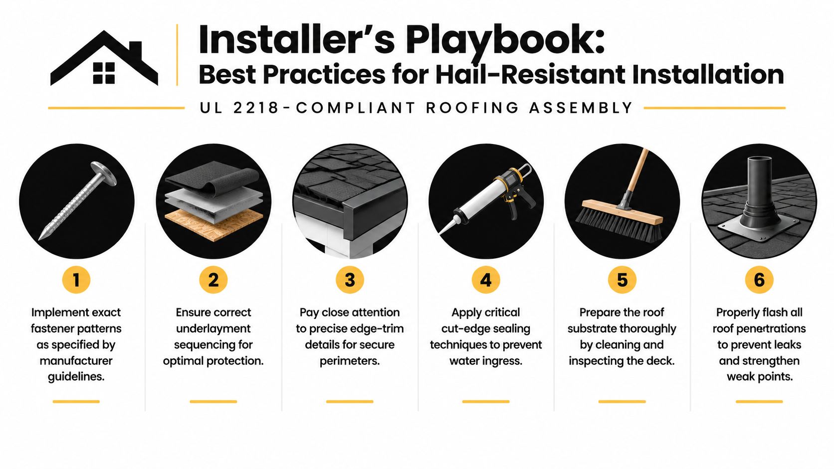 A six-step guide infographic illustrating best practices for installing a hail-resistant and UL 2218 compliant roofing assembly.