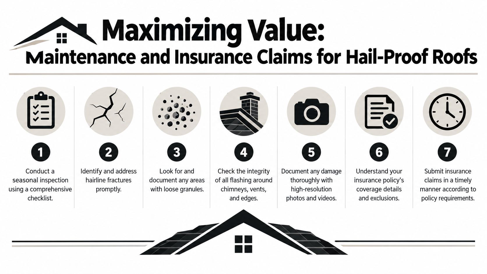 A seven-step guide illustration for maintaining hail-proof roofs and navigating insurance claims efficiently.