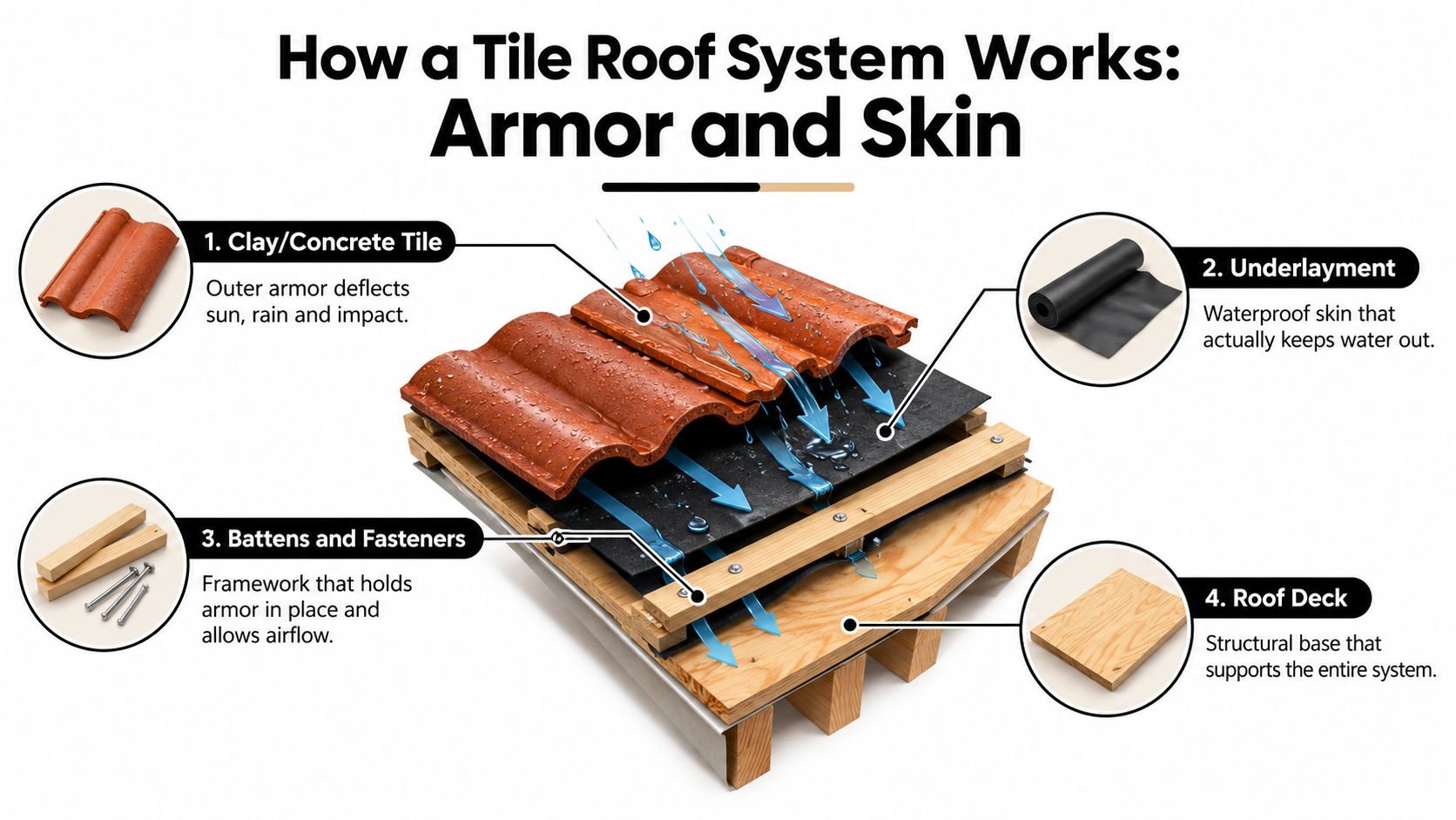 A diagram illustrating the four main layers of a residential tile roof system with component labels.
