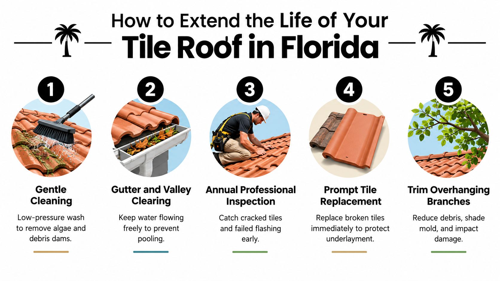 A helpful infographic showing five essential maintenance steps to extend the lifespan of tile roofs in Florida.