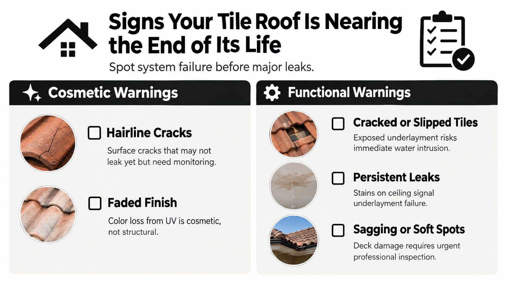 An infographic showing warning signs that a tile roof is nearing the end of its lifespan.