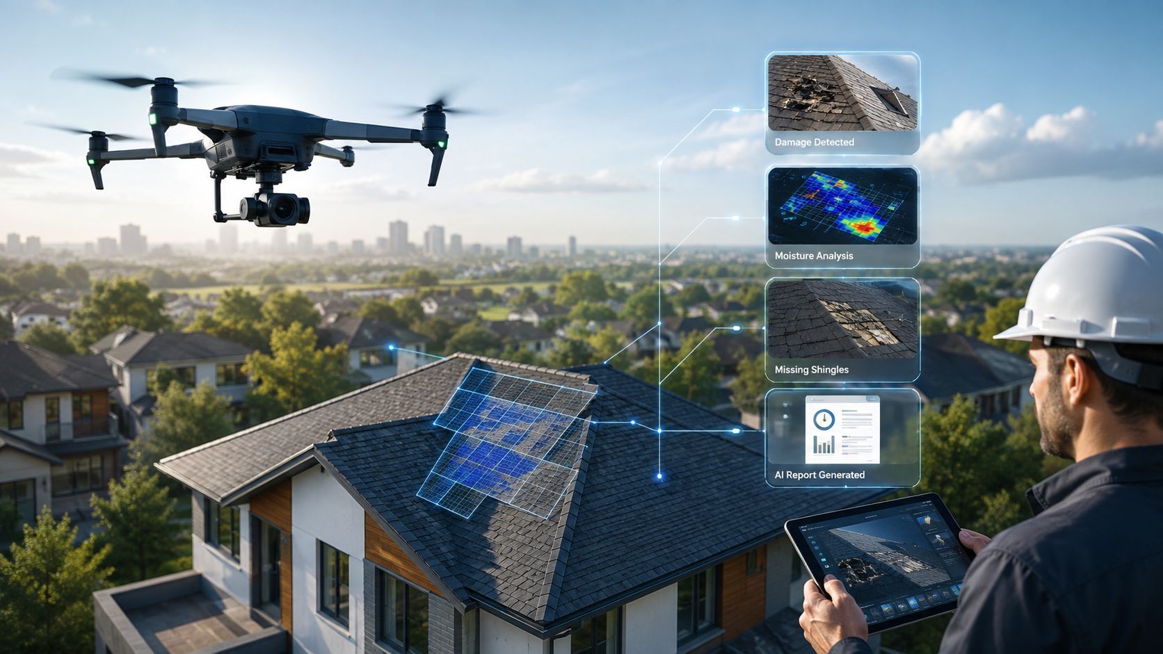 A drone inspects a residential roof while a technician views AI-generated analysis data on a tablet device.