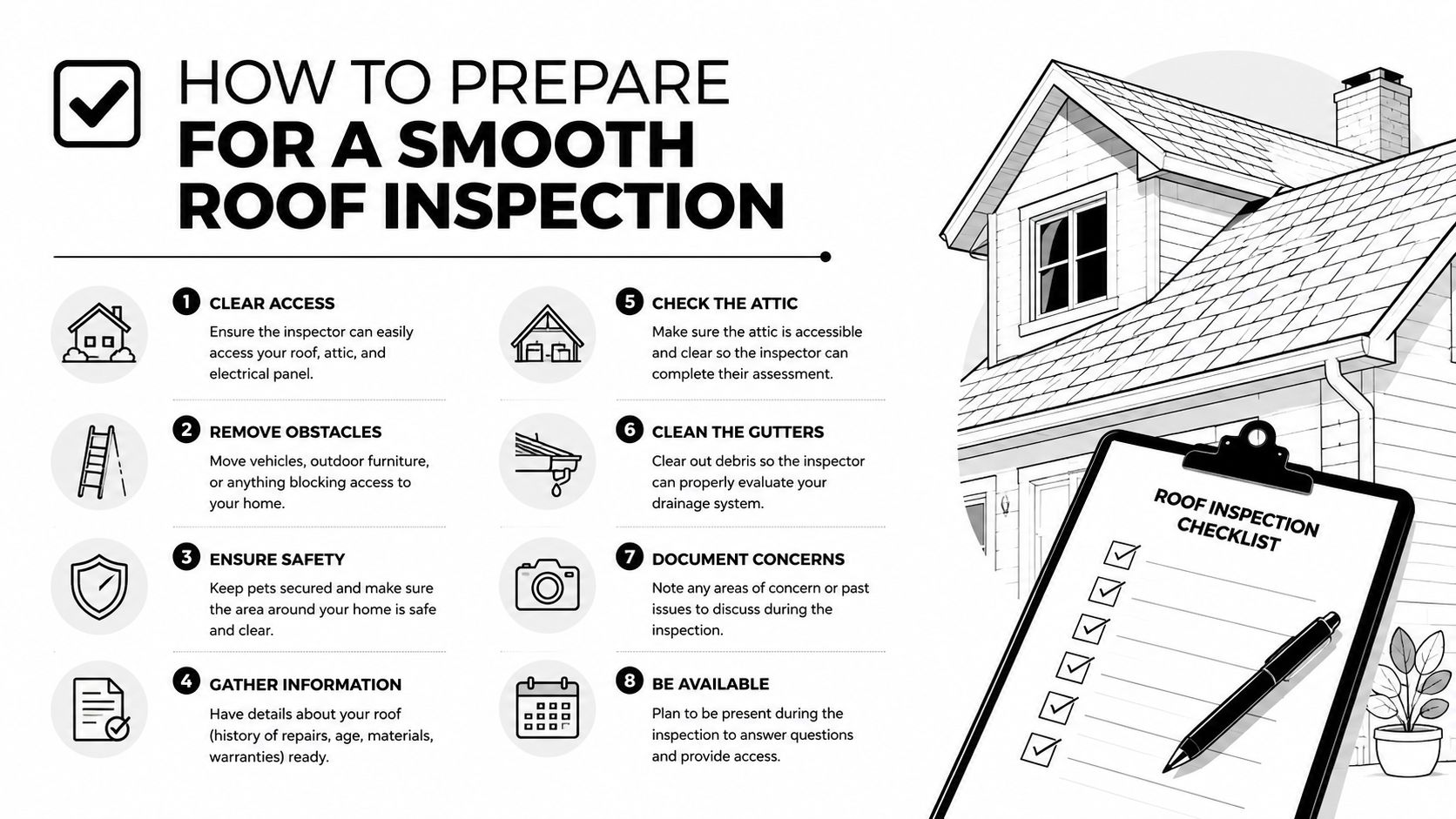 An infographic checklist guiding homeowners on how to prepare their house for a professional roof inspection.