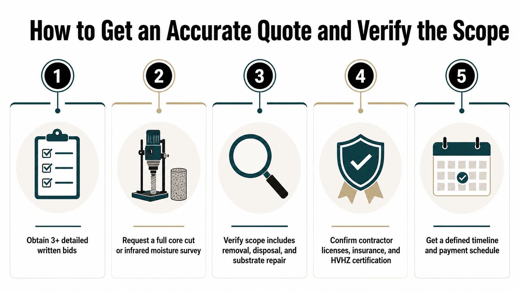A five-step infographic guide on how to get an accurate commercial roof quote and verify the project scope.