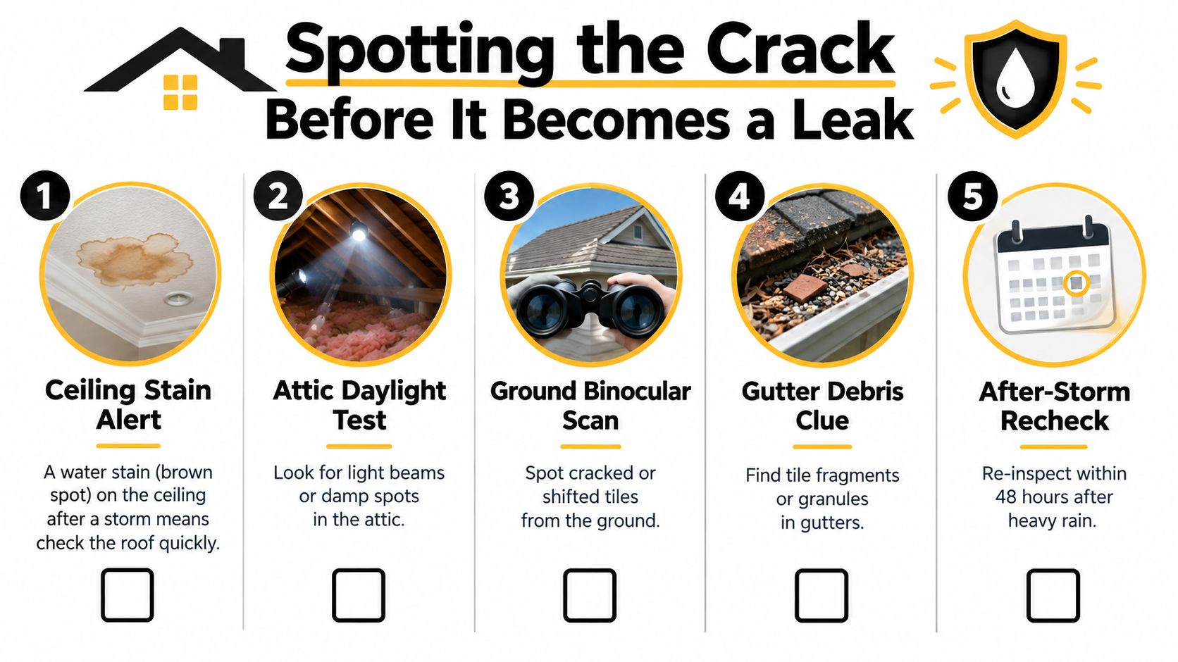 A five-step infographic showing how to spot a cracked roof tile before it causes water damage.