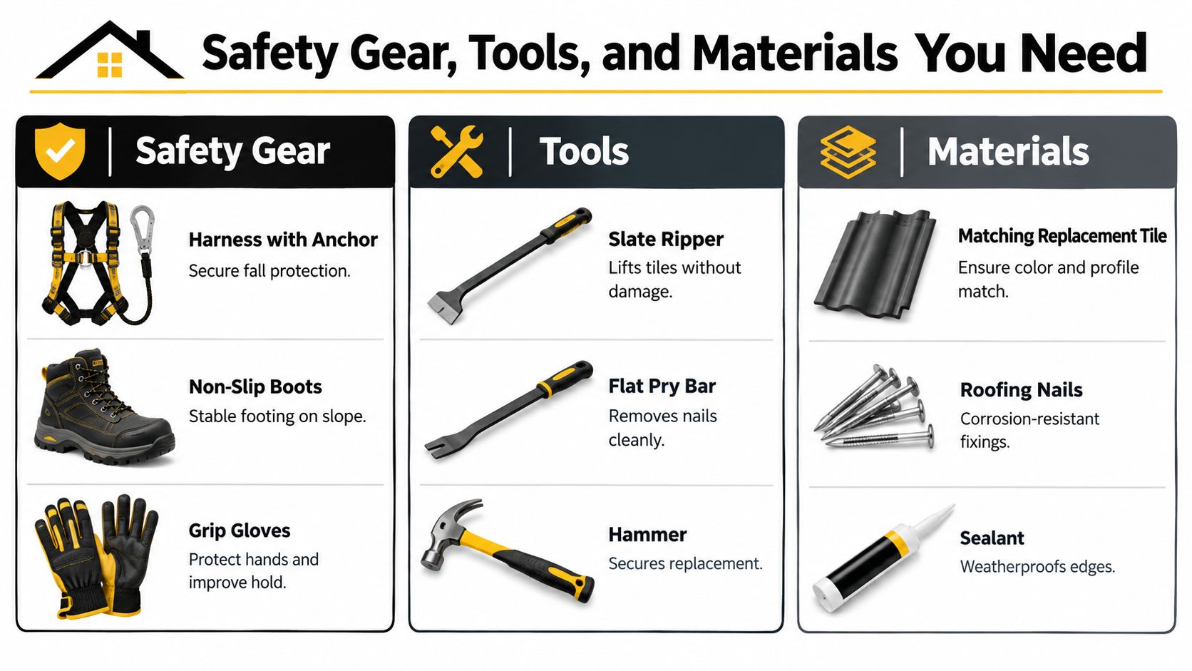 An infographic listing essential safety gear, tools, and materials required for repairing damaged roof tiles.