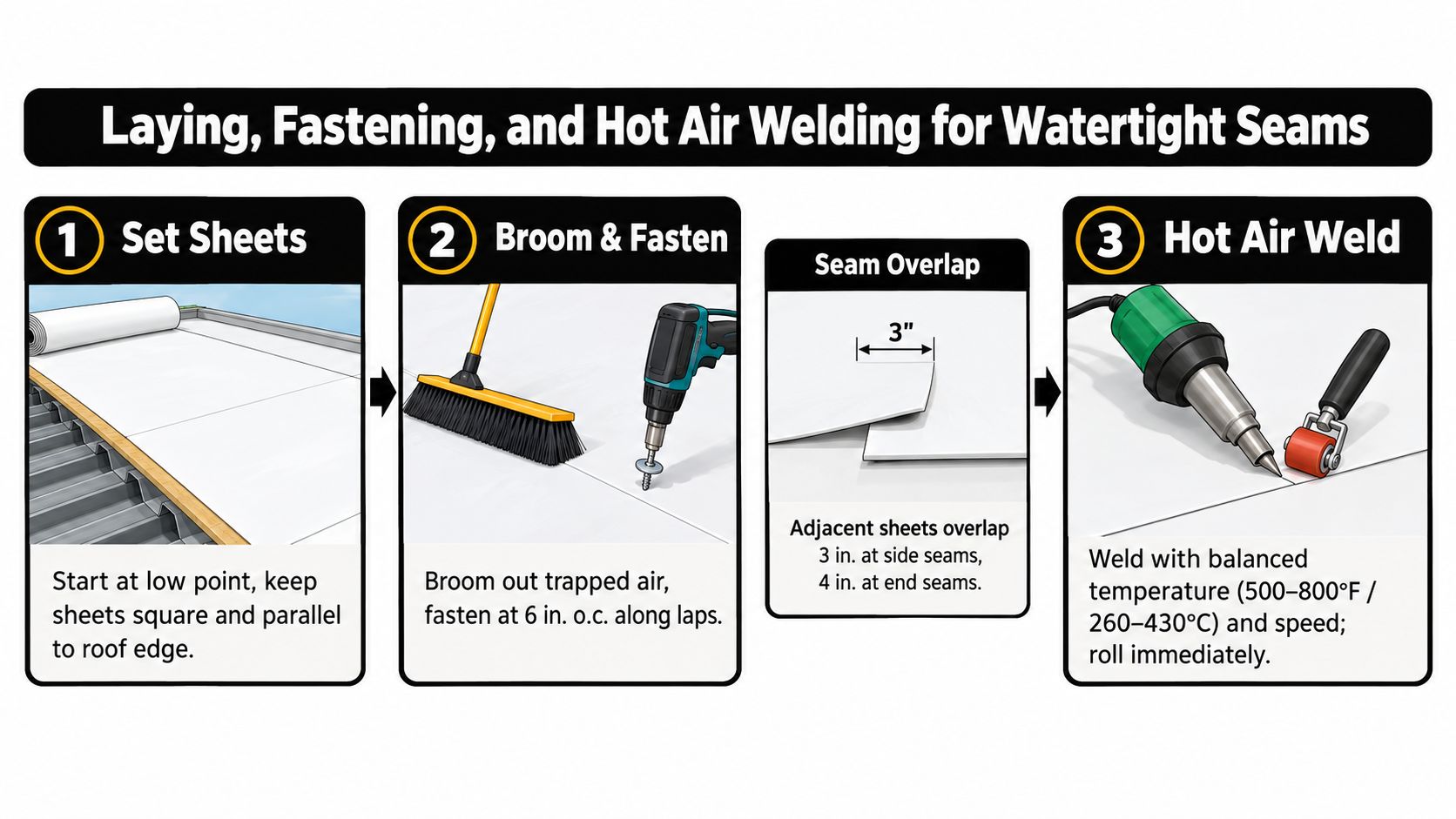 An instructional diagram detailing the three-step process for installing and welding TPO roofing membrane seams.