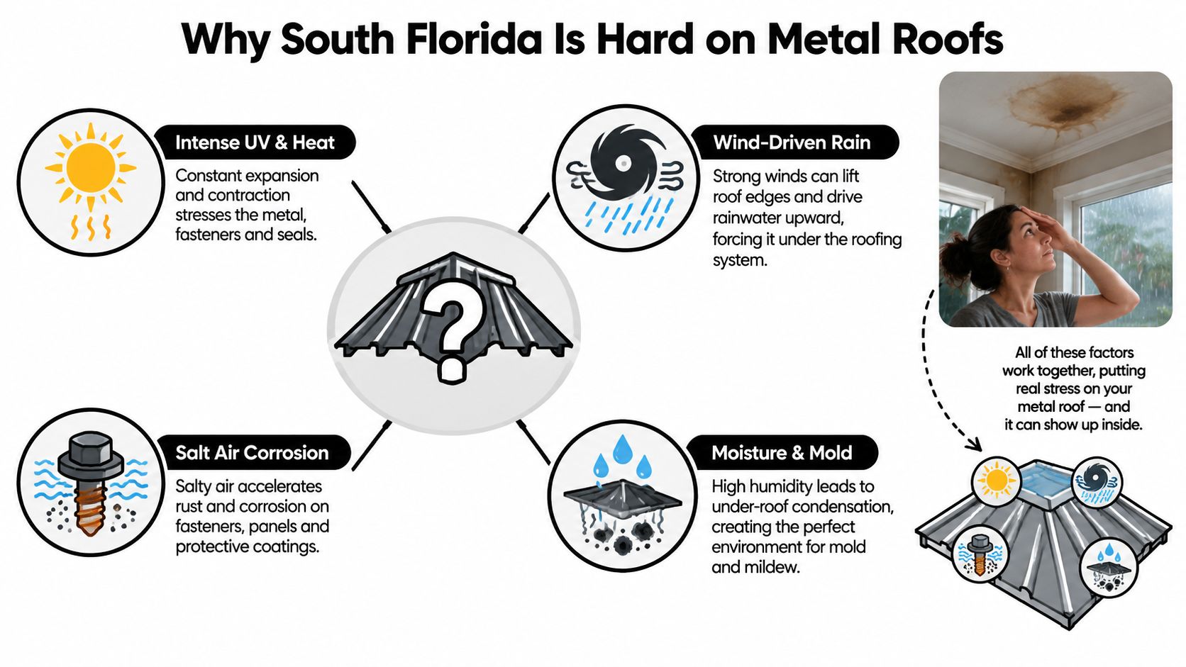 An infographic showing four environmental factors in South Florida that cause damage and stress to metal roofs.