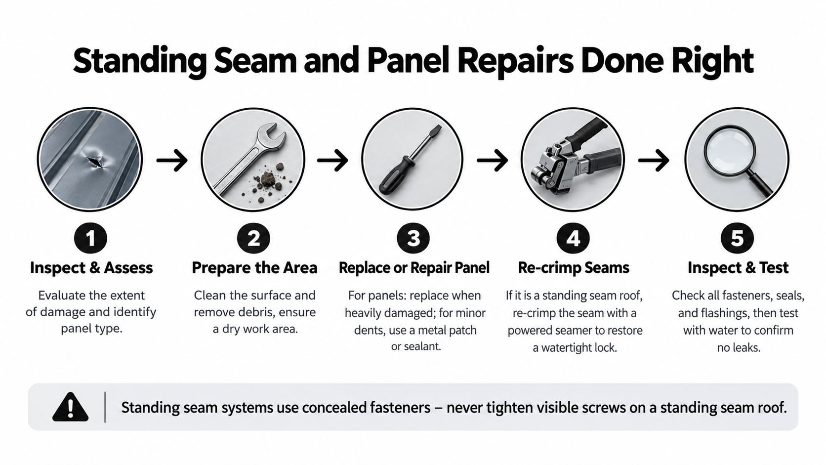 A five-step infographic illustrating the professional process for repairing standing seam and metal roof panels.