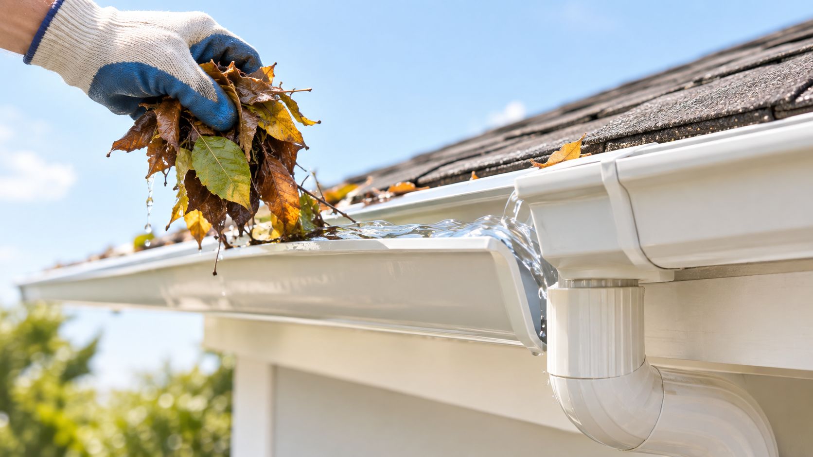 Worker cleaning wet leaves from a residential rain gutter