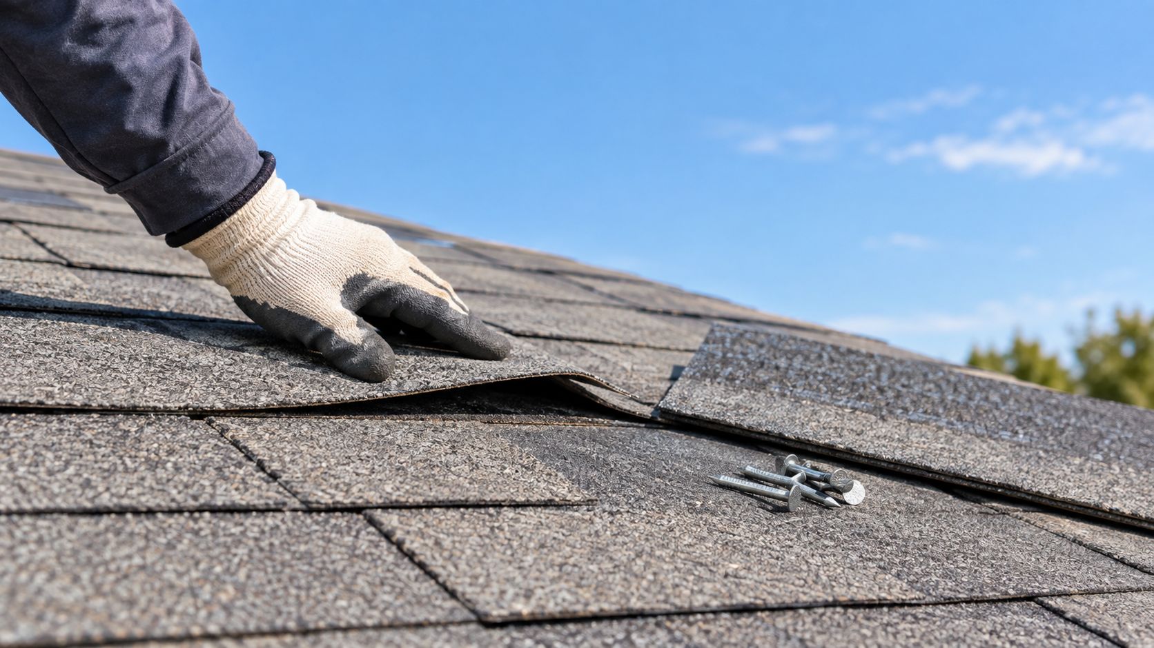 Roofer repairing asphalt shingles