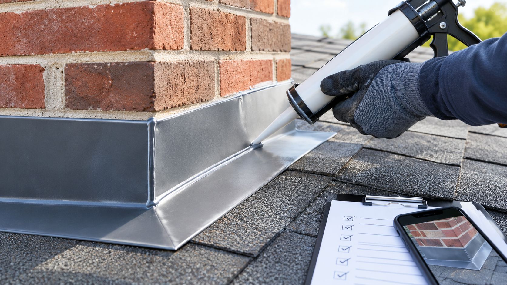 Worker sealing roof flashing around a brick chimney